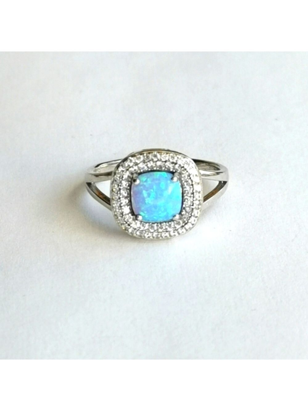 Blue Opal CZ Pave Halo Sterling Silver Ring Size 8